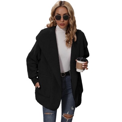 Women's Fuzzy Open-Front Hooded Coat Winter Casual Street Jacket