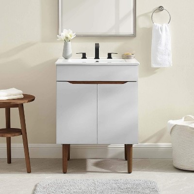 Gray and White Mahogany Freestanding Bathroom Vanity with Ceramic Sink