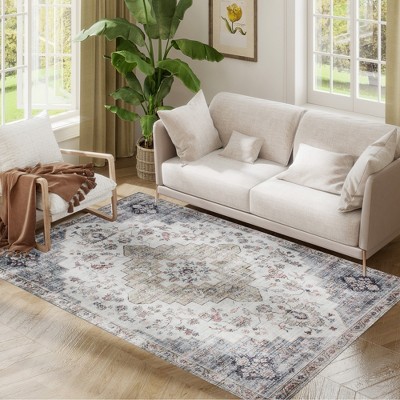 HOMCOM 4x6 Area Rug, Vintage Machine Washable Rug, Non-Slip Floor Carpet for Living Room, Bedroom, Dining Room, Home Office, Brown and Green