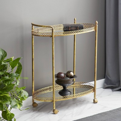 Gold Oval Iron Rolling Bar Cart with Glass Shelves