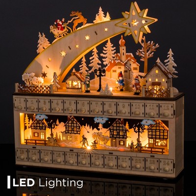 Wooden Christmas Advent Calendar with LED Lights and Shooting Star
