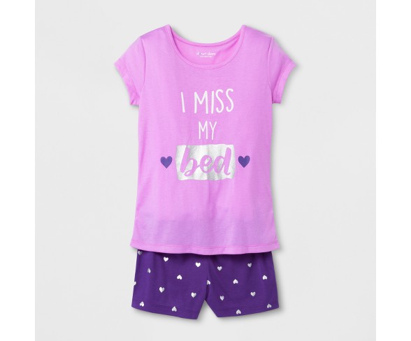 Planet Sleep Girls' 'I Miss My Bed' Graphic 2pc Pajama Set with Shorts - Purple M