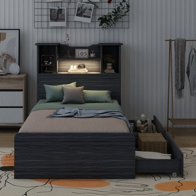 Twin Size Storage Platform Bed Frame with 4 Open Shelves and 2 Drawers