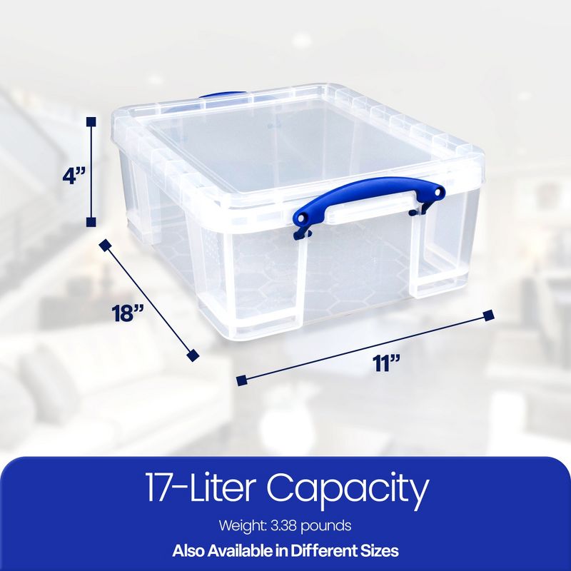 Really Useful Box 17 Liter Plastic Stackable Storage Container with Snap Lid & Built-In Clip Lock Handles for Home or Office Organization, Clear, 2 of 7