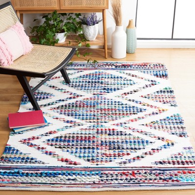 Ivory and Blue Handwoven Cotton Rectangular Area Rug