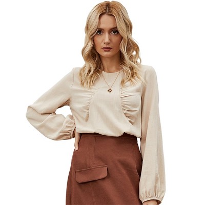 Womens Crew Neck Long Sleeve Casual Tops Loose Fit Basic Shirt Ruffle Solid