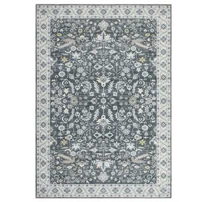 Washable Vintage Rug Non Slip Low Pile Rug Soft Throw Floor Cover Floral Foldable Indoor Carpet for Living Room Bedroom Playroom Nursery