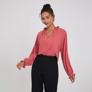 Women's Ruched Neck Raglan Long Sleeve Button Closure Blouse - A New Day™ - 1 of 4