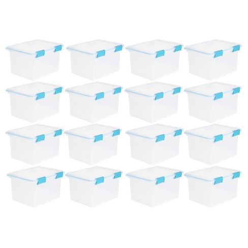 Sterilite 80 Qt Gasket Box, Stackable Storage Bin with Latching Lid and  Tight Seal Plastic Container to Organize Basement, Clear Base and Lid,  12-Pack