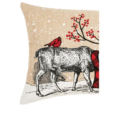 Christmas Deer Embroidered Beige and Red Throw Pillow