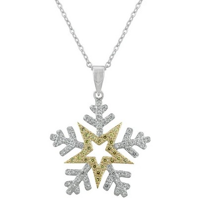 ShineHigh Two-Tone and Rhodium Plated Snowflake Pendant Necklaces with Cubic Zirconia – Holiday-Inspired Jewelry with Chain Included