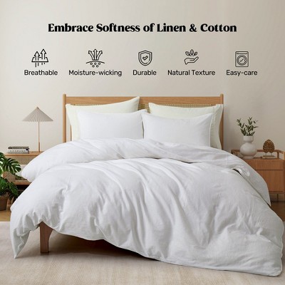 King Size White Linen and Cotton Duvet Cover Set