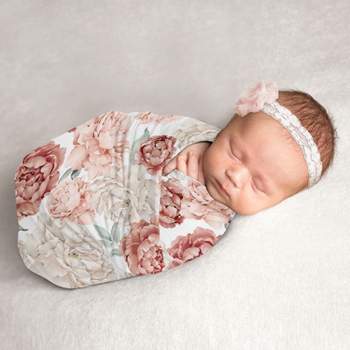 Sweet Jojo Designs Girl Swaddle Baby Blanket Peony Floral Garden Pink and Ivory