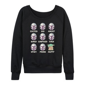 Women's - Star Wars - The Mandalorian Mandalorian Moods Lightweight French Terry Wide Neck Long Sleeve Graphic Shirt - 1 of 4