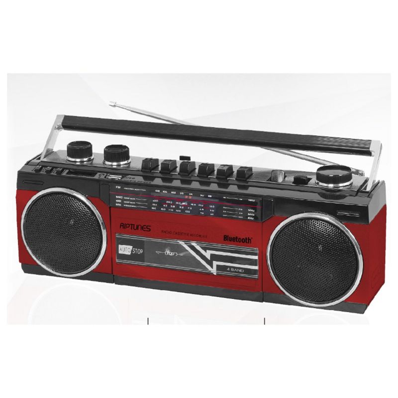 Riptunes Retro AM/FM/SW Radio + Cassette Boombox with Bluetooth and USB/SDHC Playback, RED, 2 of 4
