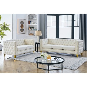 3-Seater + 2-Seater Velvet Sofa Set with Nailhead and Buttons Tufted for Living Room - 1 of 4