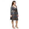 24seven Comfort Apparel Long Sleeve Wrap Dress with Belt in Brown Blue Geometric Print - 2 of 3