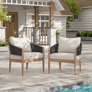 Acacia Wood Outdoor Club Chairs with Rope Backrest & Fade Resistant Cushion, Set of 2 Patio Lounge Armchair-3irtyhousy - 1 of 4