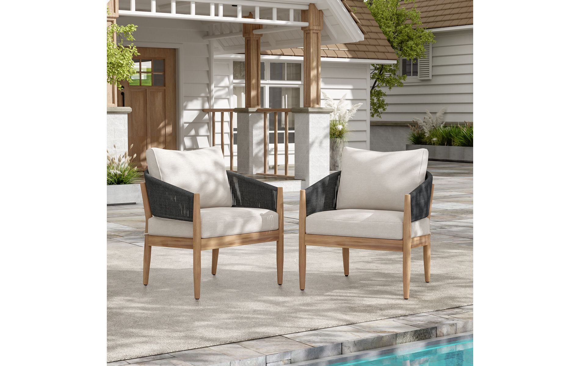 Acacia Wood Outdoor Club Chairs with Black Rope Backrest & Fade Resistant Cushion, Set of 2 Patio Lounge Armchair-3irtyhousy