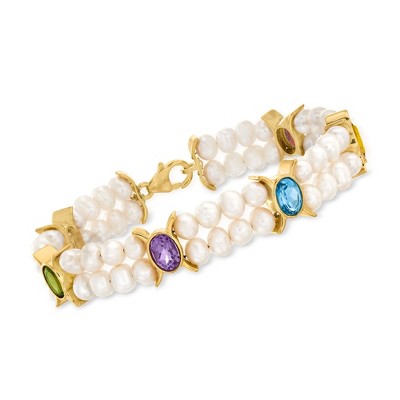 Ross-Simons 4.5-5.5mm Cultured Pearl and 4.80 ct. t.w. Multi-Gemstone Bracelet in 18kt Gold Over Sterling