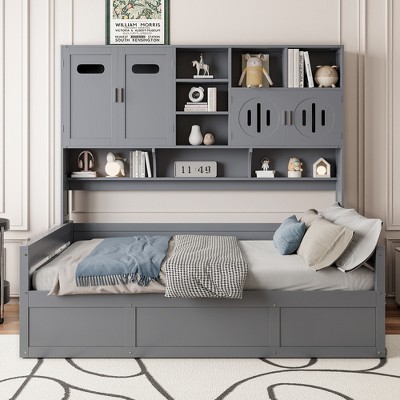 Twin/Full Size Wooden Daybed with All-in-One Storage Cabinet, Open Shelves and Under-bed Storage Space, White/Gray-ModernLuxe