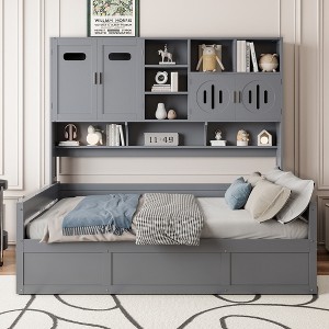 Twin/Full Size Wooden Daybed with All-in-One Storage Cabinet, Open Shelves and Under-bed Storage Space, White/Gray-ModernLuxe - 1 of 4