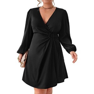 Women's Plus Size V Neck Wrap Dress Casual Long Sleeve High Waist Party Business Work Blazer Midi Dress - 1 of 4