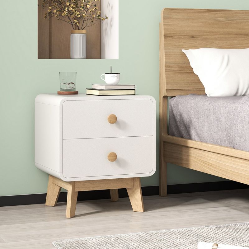 Costway 1/2 PCS Nightstand Mid Century Modern Bedside Table with 2 Drawers Solid Rubber Wood Legs White, 4 of 11