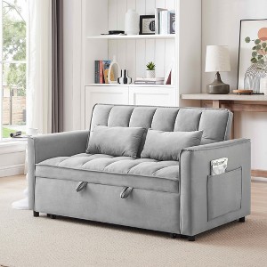 MAYEERTY 55.1 inch 3 in 1 Convertible Sofa Bed, Modern Velvet Double Sofa Futon Sofa Bed with Adjustable Back Light Gray for Bedroom - 1 of 4