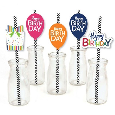 Big Dot of Happiness Cheerful Happy Birthday - Paper Straw Decor - Colorful Birthday Party Striped Decorative Straws - Set of 24