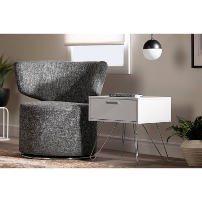 Pure White Scandinavian End Table with Storage Drawer and Metal Hairpin Legs