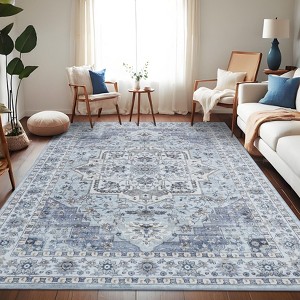 Vintage Machine Area Rug  Non Shedding Soft Distressed Flower Printed Indoor Carpet Non Slip Floor Mat - 1 of 4