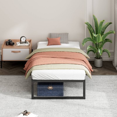 Twin Black Metal Upholstered Platform Bed with Drawer and Slats