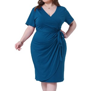 Agnes Orinda Women's Plus Size V Neck Short Sleeve Belt Tulip Hem Ruched Cocktail Wrap Dresses - 1 of 4