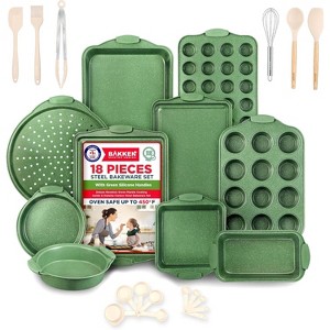 BAKKEN Kitchen Baking Pan Set - Nonstick Green Marble Coating, Carbon Steel Bakeware Sets, Oven Safe (Up To 450° F), Set of 18 - 1 of 4