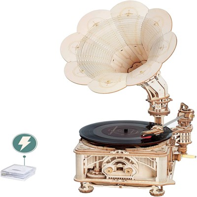 ROBOTIME 3D Wooden Puzzle Automatic Gramophone Model Kits Electric Mode Self-Assembly Record Player, Beige, 8.89"*10.20"*16.88"