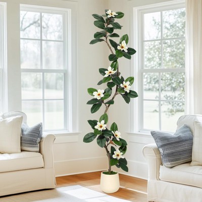 Rubber Tree 5/6/7FT Artificial Tree in White Planter Pot,Faux Plants Indoor Faux Floor Plant Artificial Plants