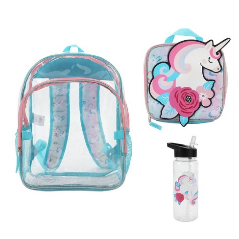 Justice unicorn backpack lunchbox water outlet bottle set