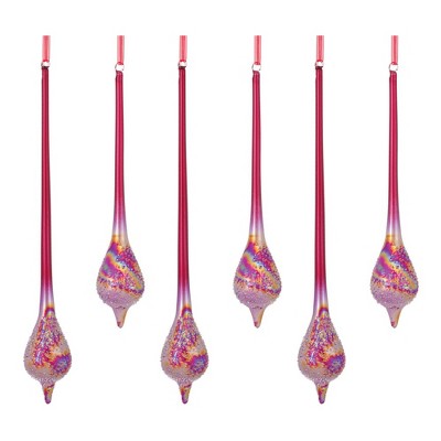 Set of 12 Iridescent Red and Silver Glass Drop Ornaments