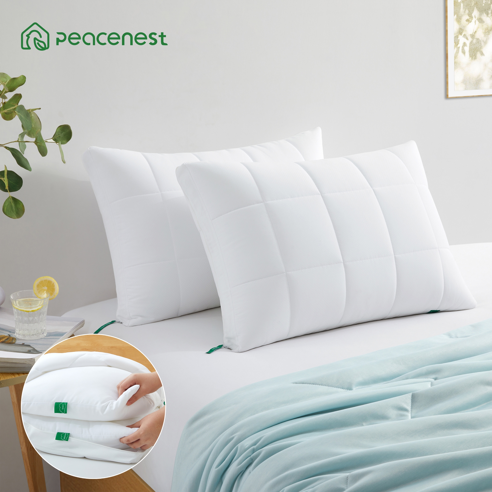 Peace Nest 2 Pack 3 in 1 Cooling Adjustable Bed Pillow, Adjust Height Soft Firm Pillow for Back, Stomach or Side Sleepers, Standard/Queen