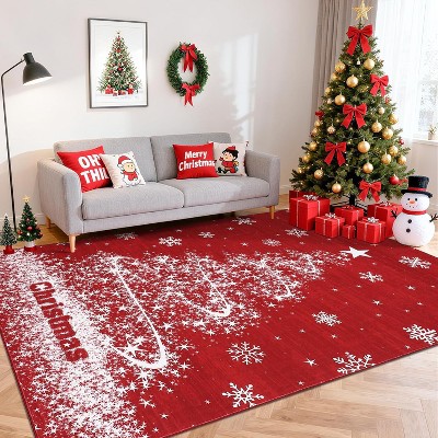 GustoWave  Washable Christmas Tree Snow Print Area Rug, Low Pile for Bedroom