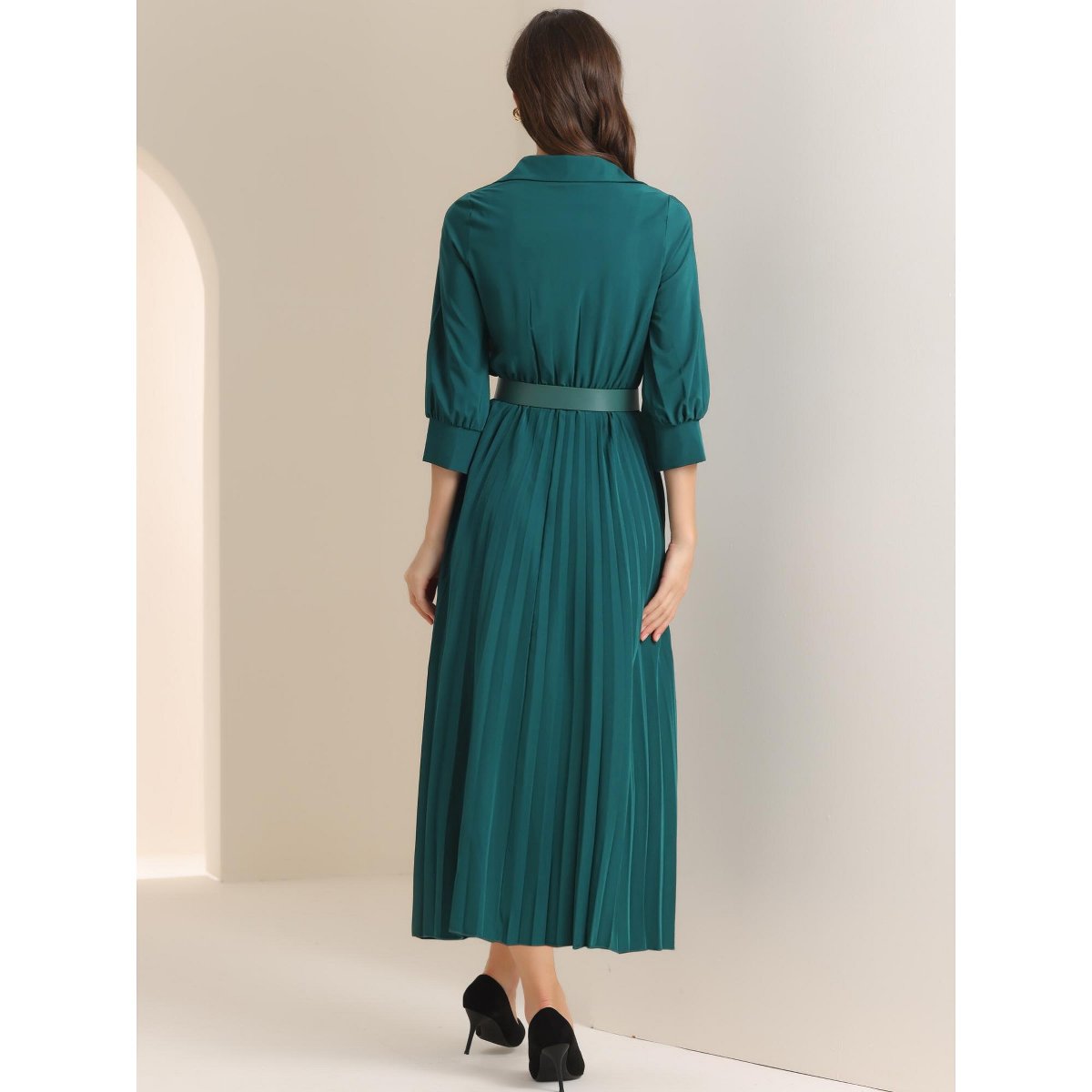 Женские платья INSPIRE CHIC Women's Casual Pleated Collar V Neck Belted Maxi Dresses Dark Green Small — фото 5