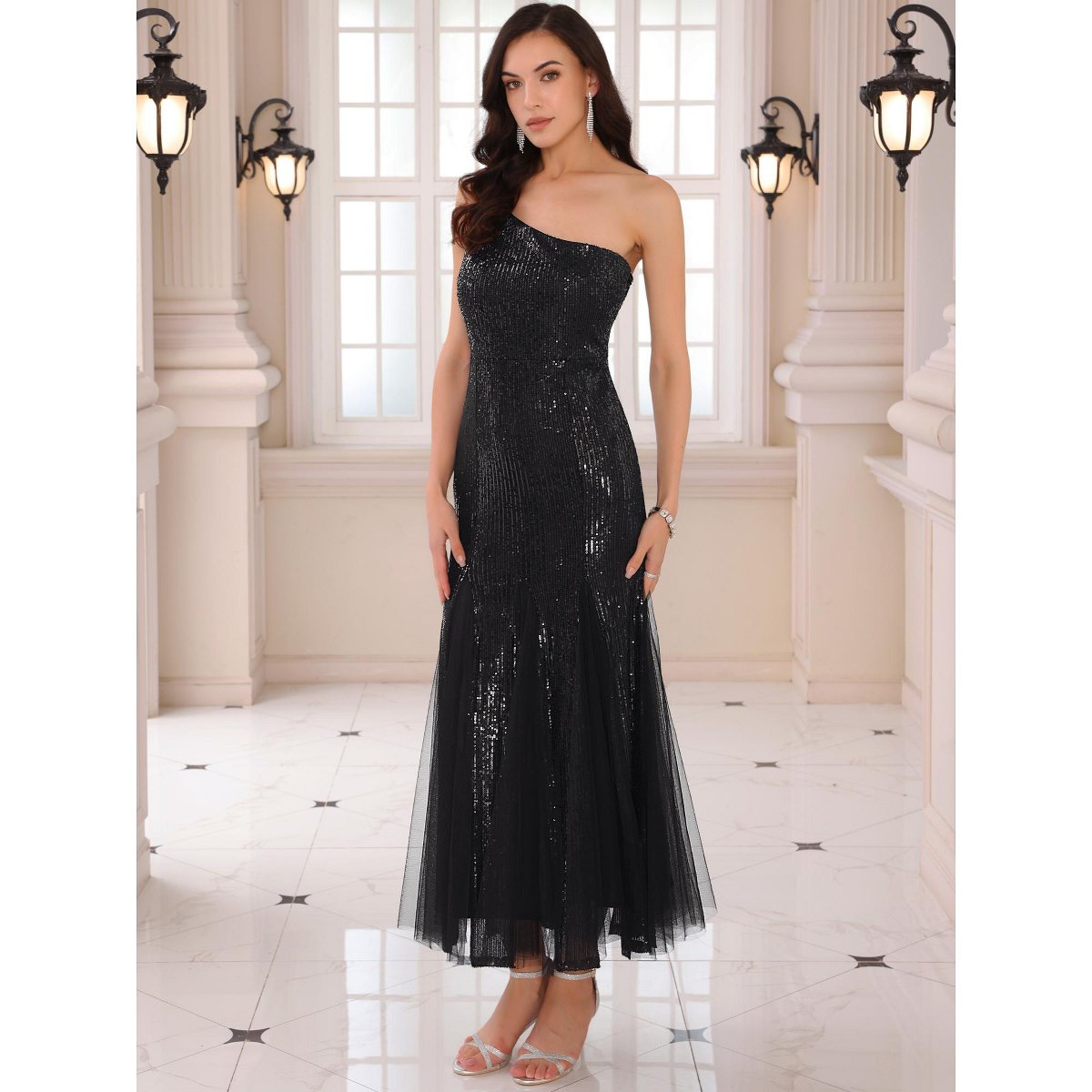 Женские платья INSPIRE CHIC Women's Sequin Maxi One Shoulder Mermaid Prom Evening Wedding Cocktail Dress Black Small — фото 2