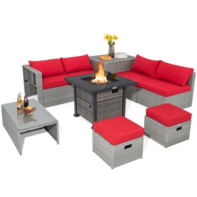 Tangkula 9 Pieces Outdoor Patio Furniture Set w/ 32" Propane Fire Pit Table Sectional Sofa Set w/ Storage Box Black/Gray/Navy/Red/Turquoise/Off White