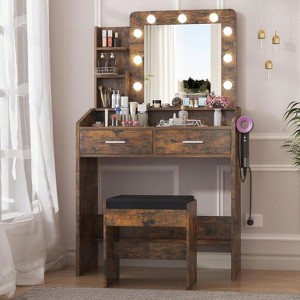 Vanity Desk with Mirror, Lights, Power Outlet, 3 Lighting Modes, 2 Drawers - 1 of 4