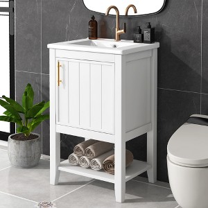 20" Bathroom Vanity with Sink, Bathroom Cabinet with Soft Closing Door, Storage Rack and Open Shelf, White - 1 of 4