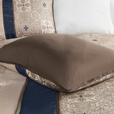 Navy and Taupe Jacquard Queen Comforter Set with Decorative Pillows