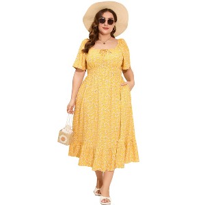 YESFASHION Womens Plus Size Square Neck Floral Print Summer Dress Ruffle Short Sleeve Tie Front Slit Hem Boho Maxi Dress - 1 of 4