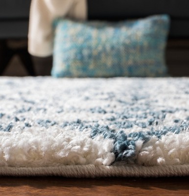 Bohemian Cream/Blue Synthetic Shag Runner Rug 2'2" x 10'