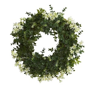 Nearly Natural 18” Eucalyptus and Dancing Daisy Double Ring Artificial Wreath with Twig Base - 1 of 3